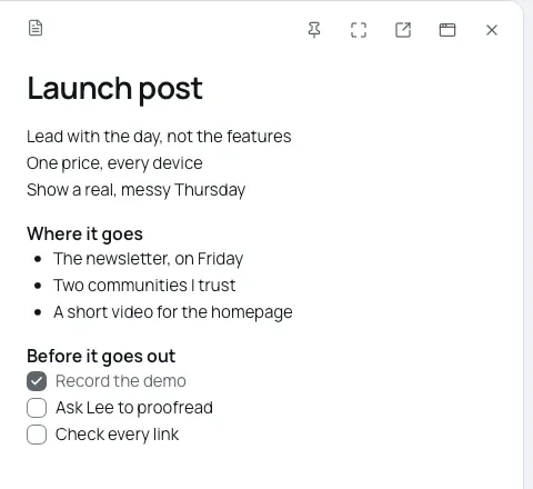 The Launch post note open in the side panel, with headings, a list and a checklist.