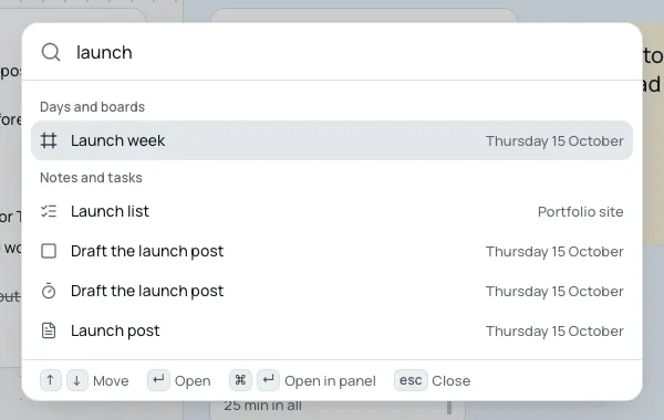 The command menu searching for launch, listing the Launch week section, a task, a clock and the Launch post note.